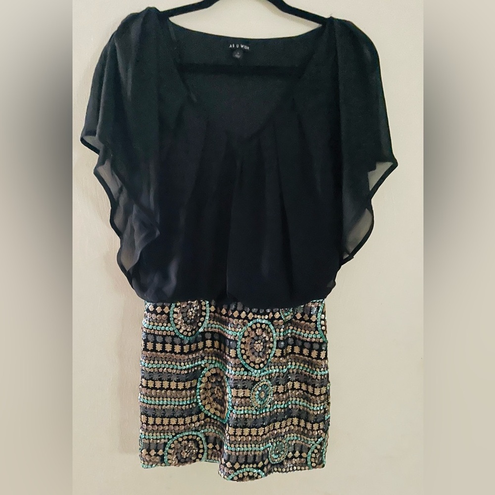 AS U WISH Mini Dress Medium Black Blue Sequin Cocktail Party